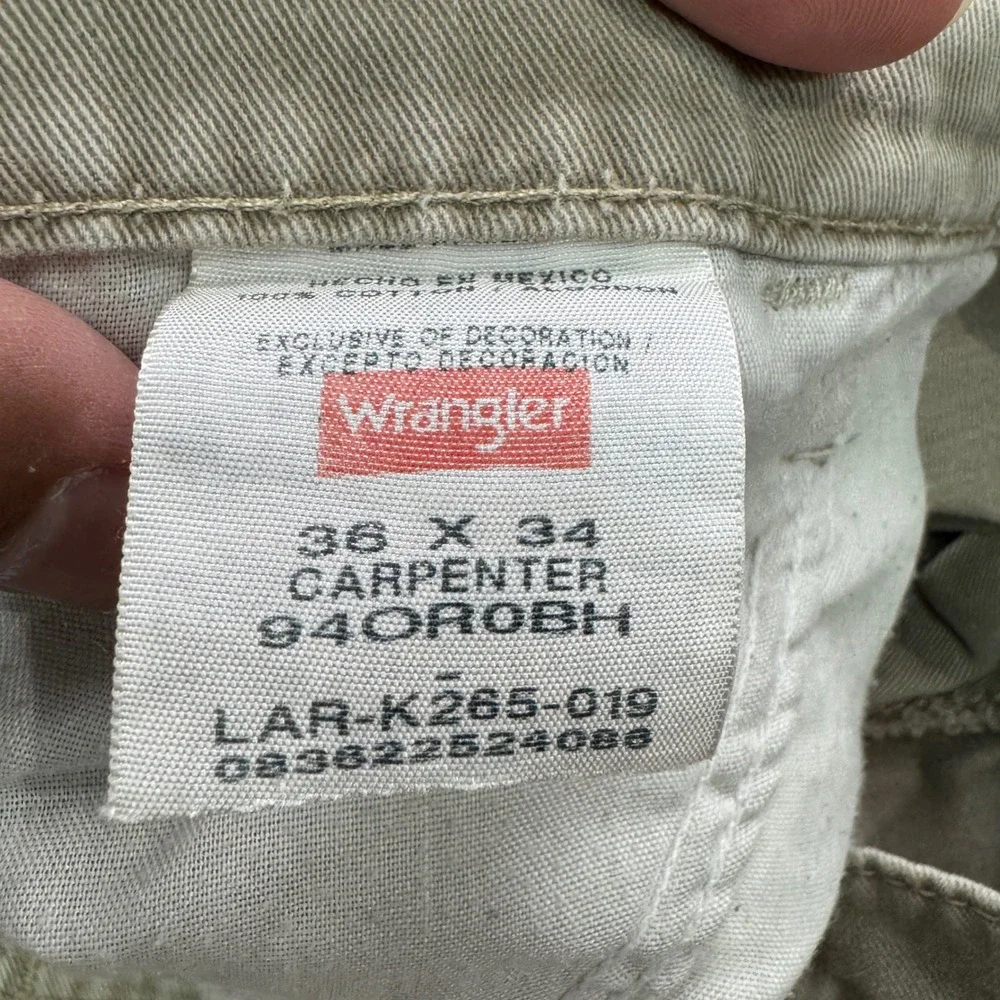 Wrangler Carpenter Pants Mens 36x34 Khaki Tan 28 Inseam Utility Workwear Denim